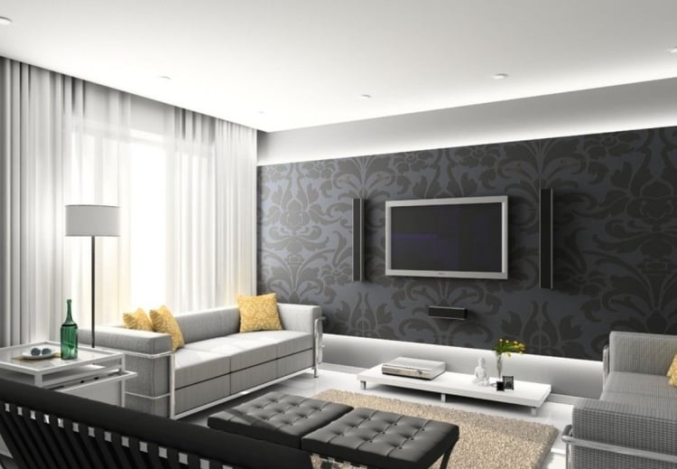 Schoene-einrichtungsideen-wohnzimmer-fernseher-grau-hell-dunkel-tapete-muster-couch-gardinen