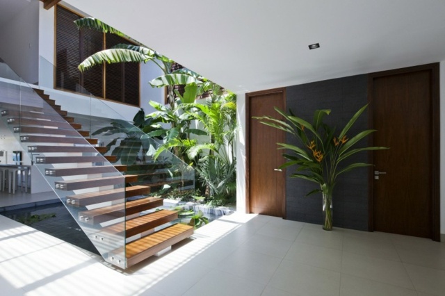 Treppe-mit-Wand-aus-Glas-und-Massivholz-Stufen