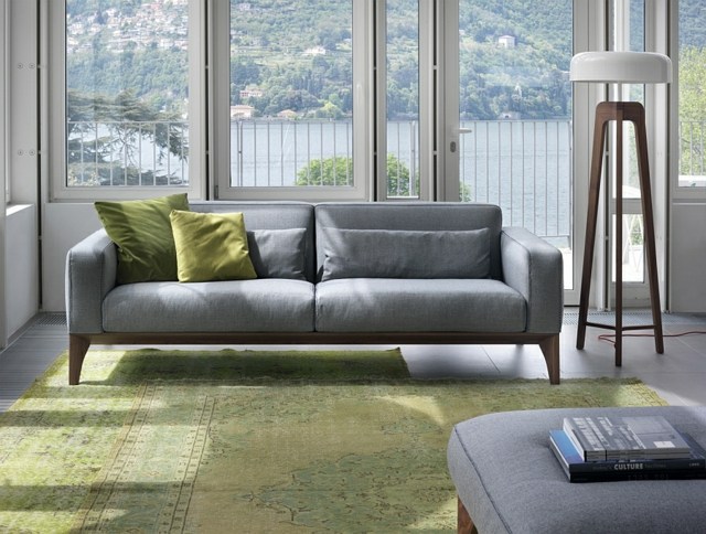 grüne Farben graues Sofa Teppich Stehlampe
