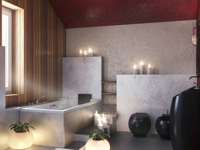 badezimmer bilder grau wanddesign dachschraege rot kerzen toilette schwarz