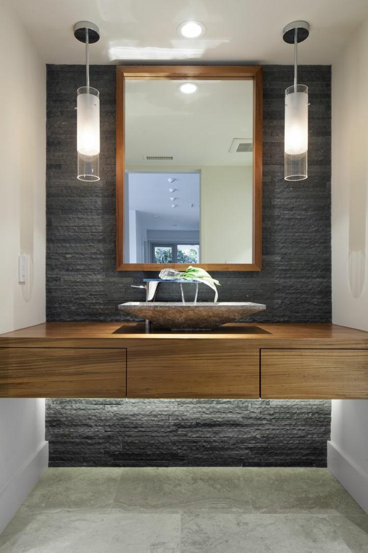 badezimmer design akzentwand stein dunkelgrau beleuchtung wanschkonsole holz