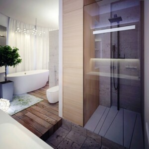 badezimmer design holz fussboden stein dusche glas modern rustikal