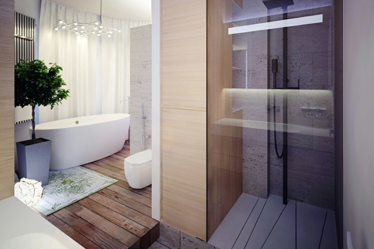 badezimmer design holz fussboden stein dusche glas modern rustikal