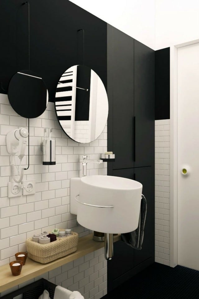 badezimmer-wandhängendes-waschbecken-oval-schwarz-weiß-kontraste