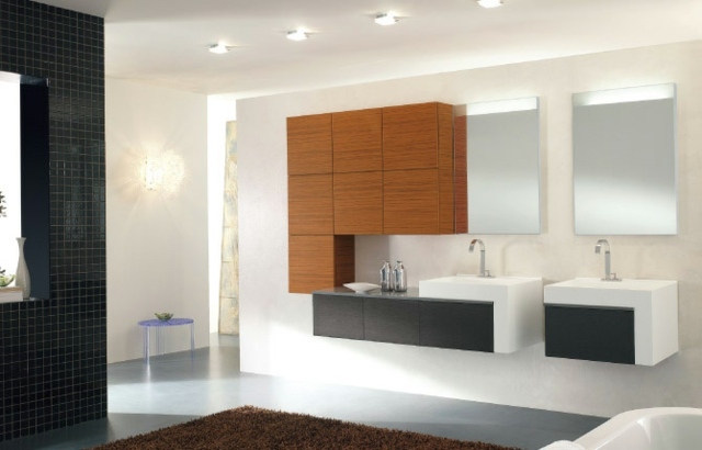 braune-Badezimmer-Möbel-Schwarz-weiße-Schränke