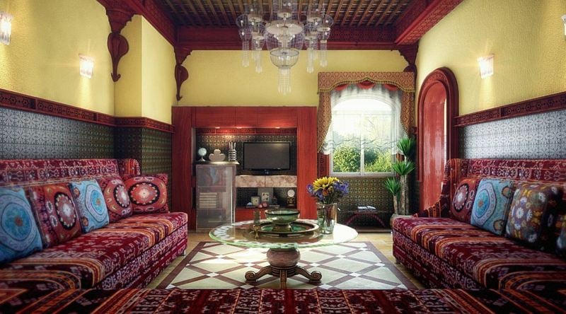 der marokkanische stil wohnzimmer idee gelb blau rot romantisch