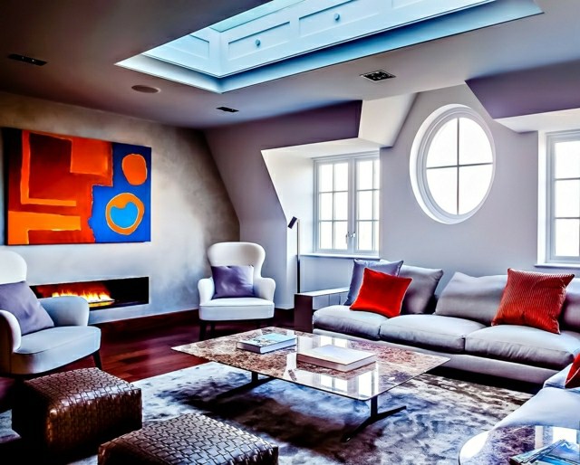 Wohnzimmer Ideen graues Sofa moderne Kunstwerke
