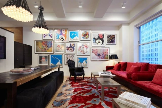 Wohnzimmer-einrichten rotes Sofa-Design Bilder Wand