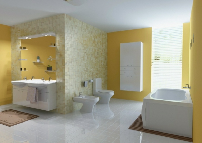 farbe im badezimmer gelb wand mosaik fliesen weiss fussboden badewanne spiegel