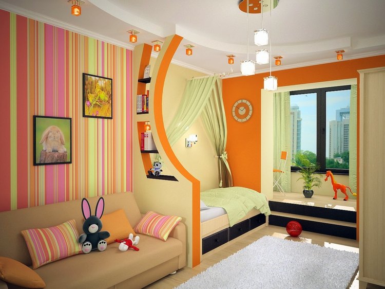 farbgestaltung-im-kinderzimmer-orange-schlafbereich-raumteiler-regal-wohnbereich-streifen-tapete
