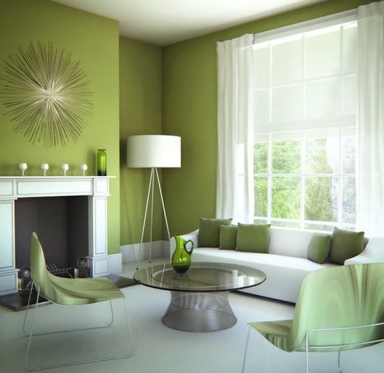 grüne-Wände-weißes-Mobiliar-für-Wohnzimmer
