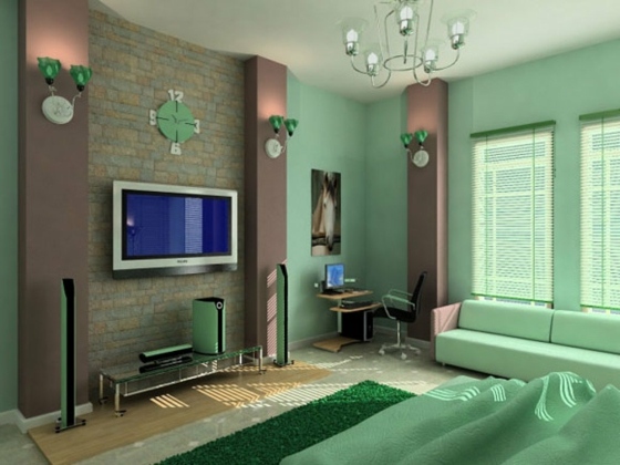 helles-Grün-mit-Braun-im-Wohnzimmer-LED-Fernseher