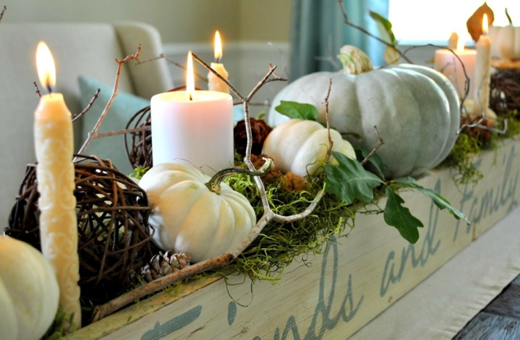 herbstdeko am tisch herzstueck kuerbiss pastelltoene blumenkasten tafelkerzen