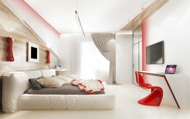 schlafzimmer modern gestaltung-weiss-holz-akzentwand-rote-highlights