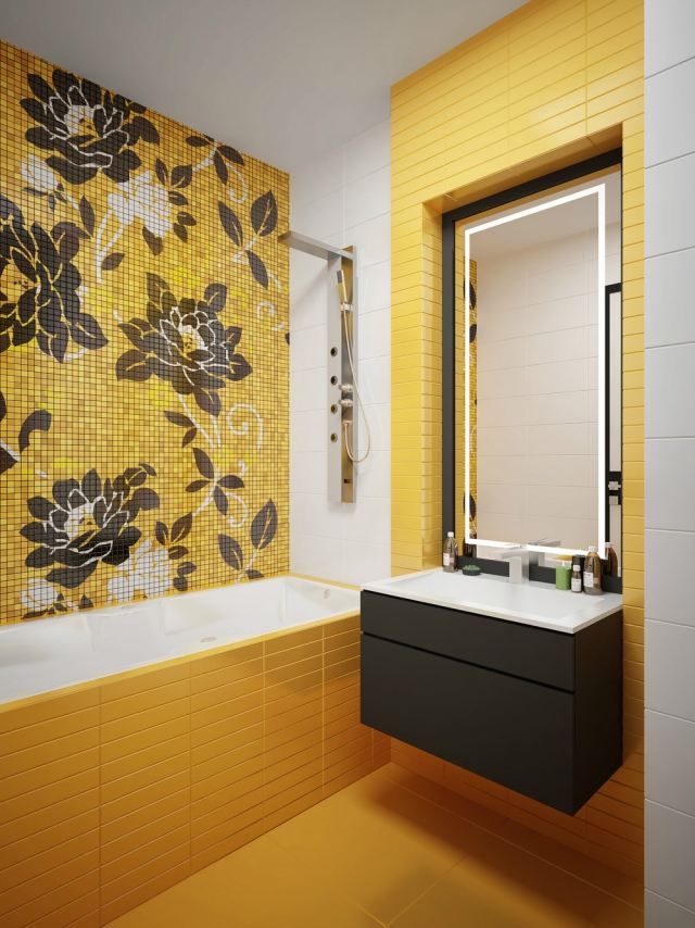 ideen-kleines-bad-ohne-fenster-gelbe-fliesen-blumen-mosaik-badewanne