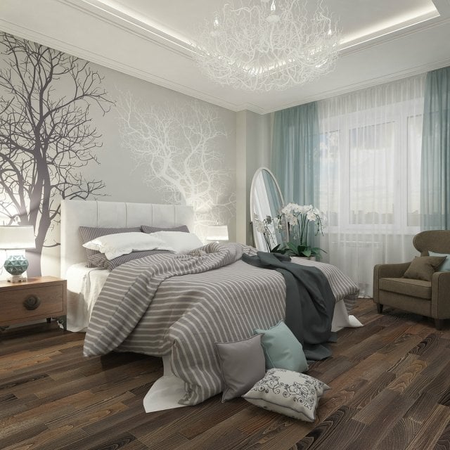 Schlafzimmer modern gestaltung-grau-weiss-wandgestaltung-fotomotive-baume
