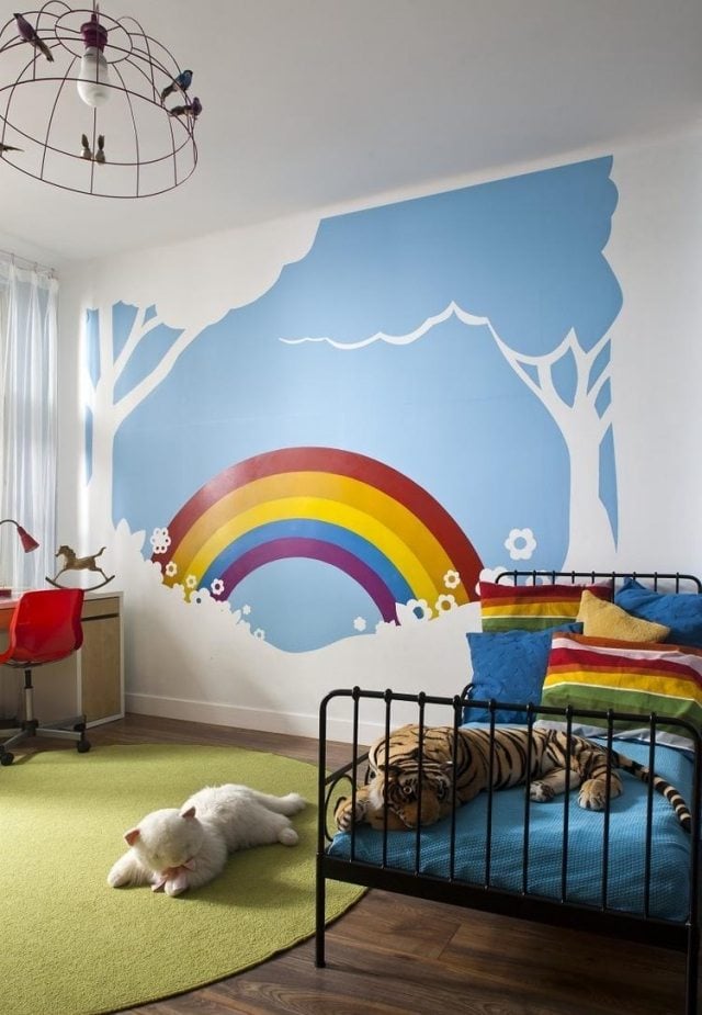ideen-wandgestaltung-kinderzimmer-regenbogen-blauer-himmel