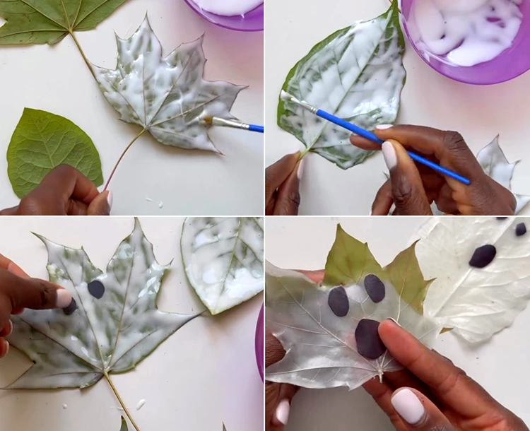 Kleber auf Blätter auftragen, Papiergesichter hinzufügen und trocknen lassen