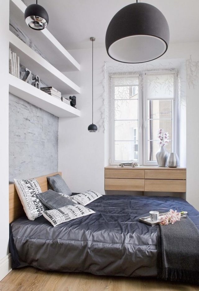 kleines-schlafzimmer-gestalten-farben-weiss-hellgrau-holzmoebel-laminatboden
