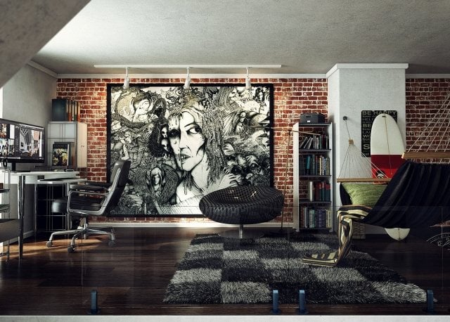 loft-einrichtung-home-office-ziegelwand-kunstwerke