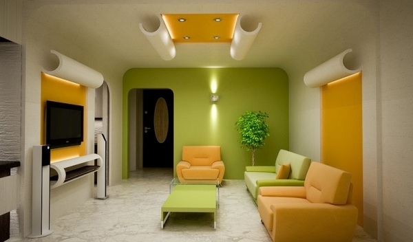 minimalistische-Einrichtung-Wandfarbe-Grün-Ledermöbel