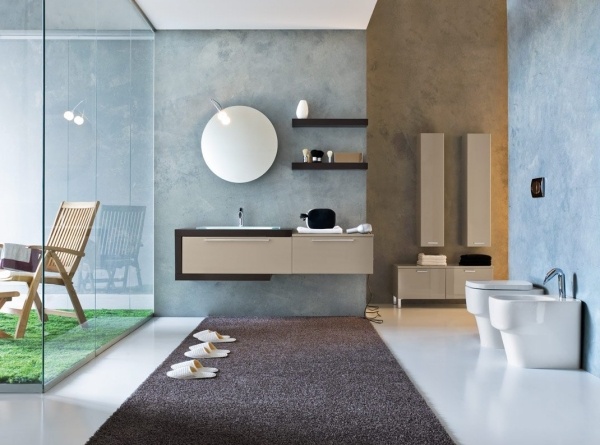 minimalistisches-Design-runde-Wandspiegel-rechteckige-Schränke-im-Bad
