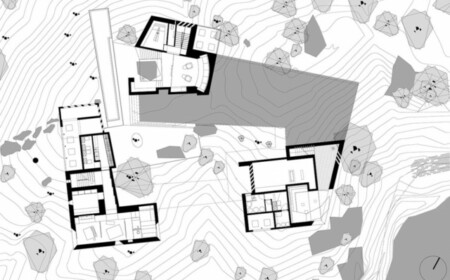 modernes Ferienhaus Bauplan Aussicht oben drei Bauvolumen