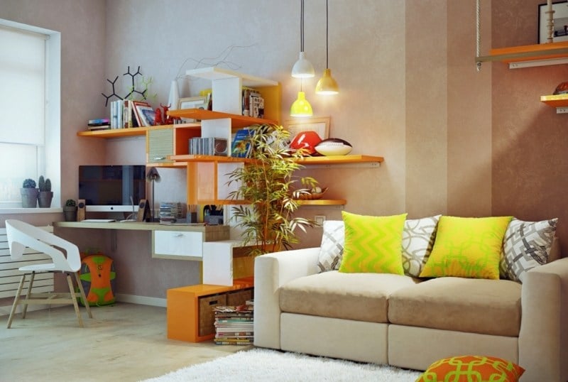 raumteiler für kinderzimmer regale sofa beige interieur orange weiss parkett