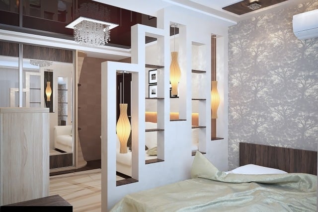 raumteiler-schlafzimmer-ideen-regalwand-pendelleuchten-design