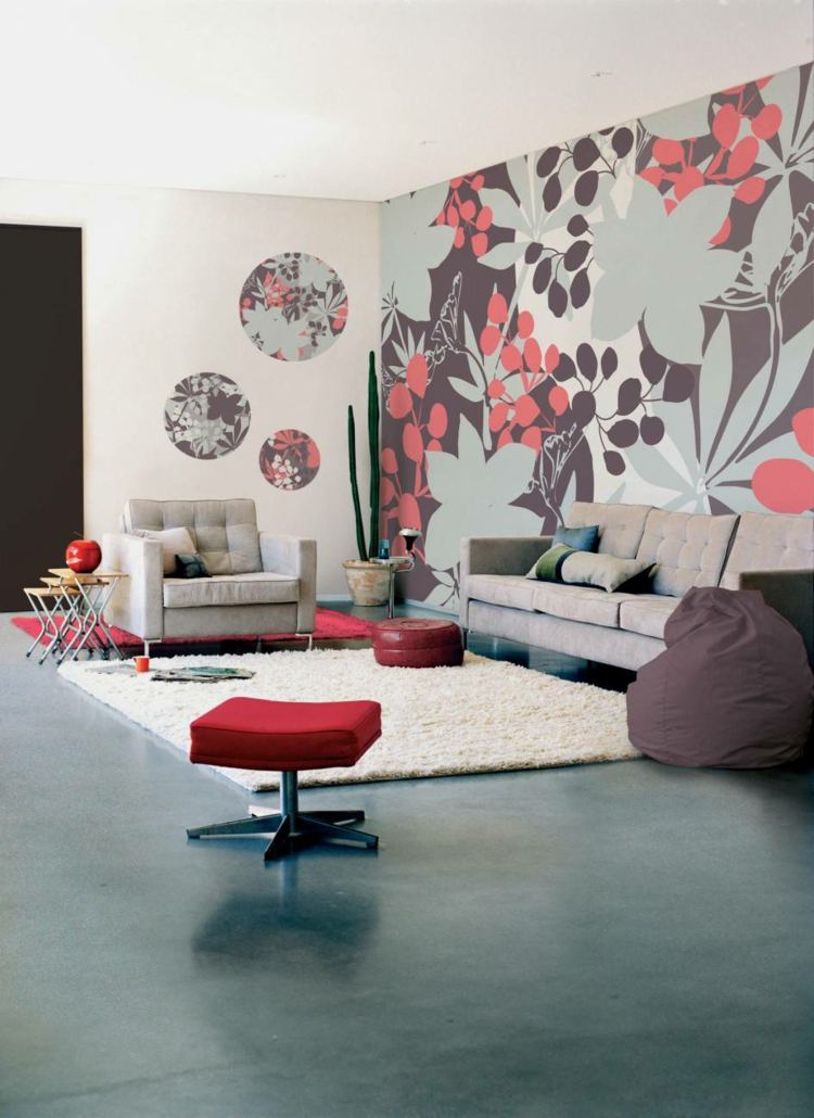 retro wandgestaltung wohnzimmer-tapete-floral-moebel-idee