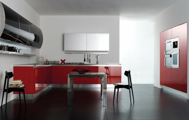 Eckküche weiße Oberschränke Essplatz modern Möbel Design