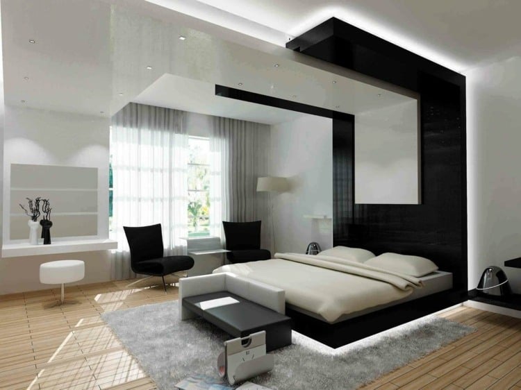 schlafzimmer modern akzentwand schwarz edel indirekte beleuchtung
