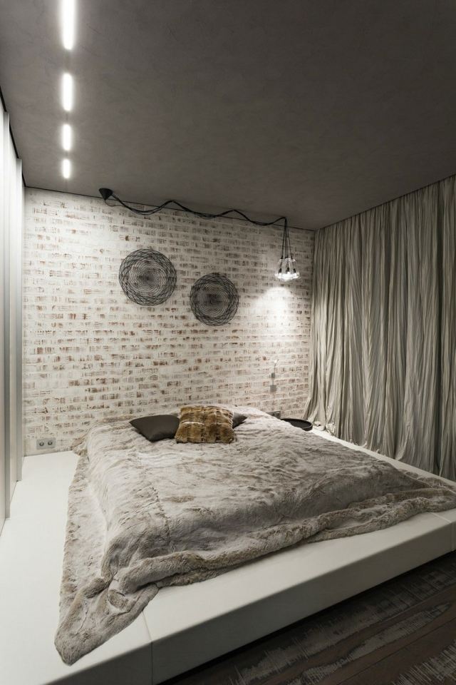 schlafzimmer-modern-gestalten-graue-decke-weiss-verputzte-ziegelwand-
