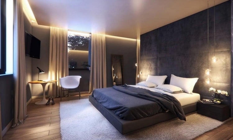 schlafzimmer-modern-gestalten-ideen-dunkel-beige-anthrazit-grau-beleuchtung-akzente