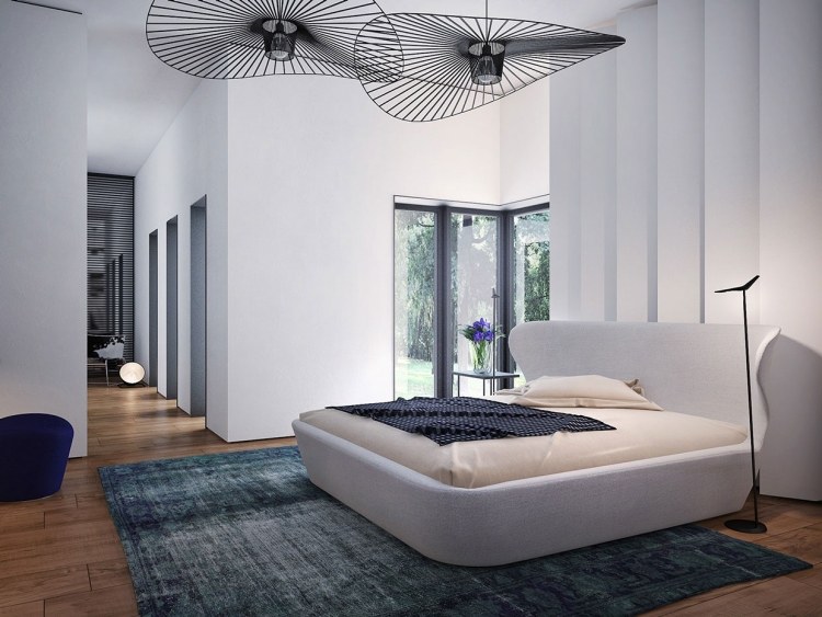 schlafzimmer-modern-gestalten-ideen-weiss-bett-gepolstert-leuchte-design-teppich-ausgenutzt-look