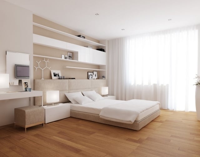 schlafzimmer-modern-gestalten-neutrale-farben-weiss-creme-holzboden