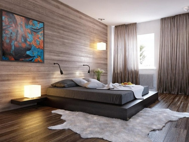 schlafzimmer-modern-holz-wand-fussboden-fell-bett-schwarz