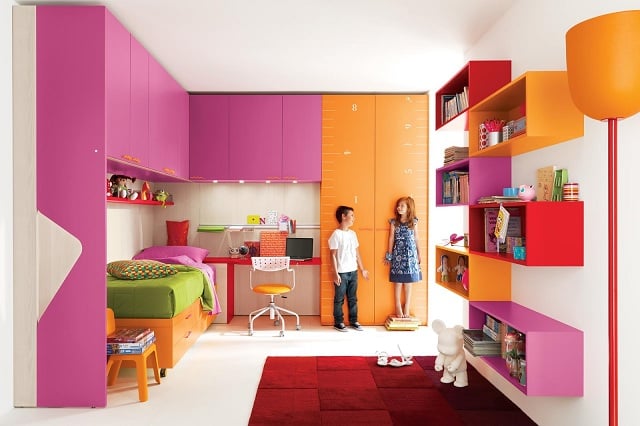 orange rosa Hochbett Bettkasten Schreibtisch Kleiderschrank