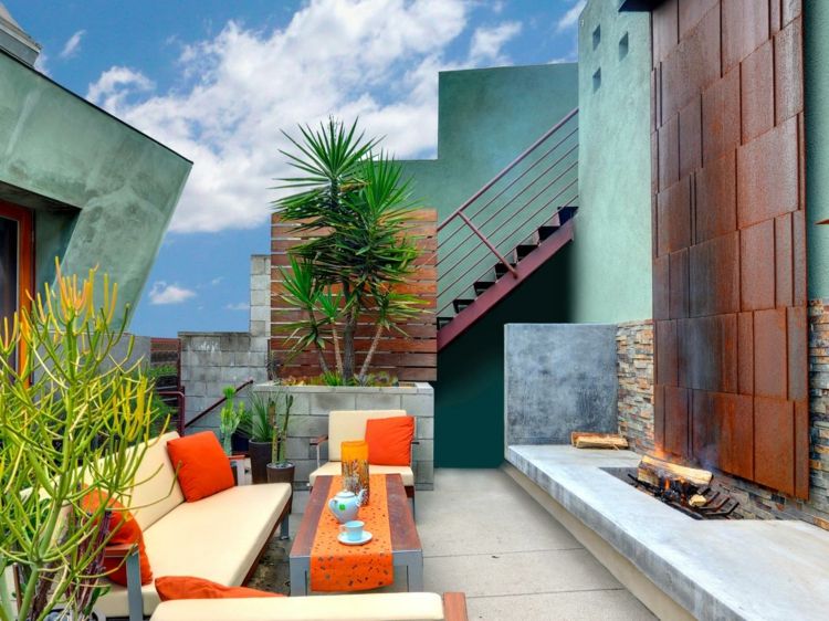 terrassen- und balkongestaltung eklektisch design orange moebel lounge rost akzentwand