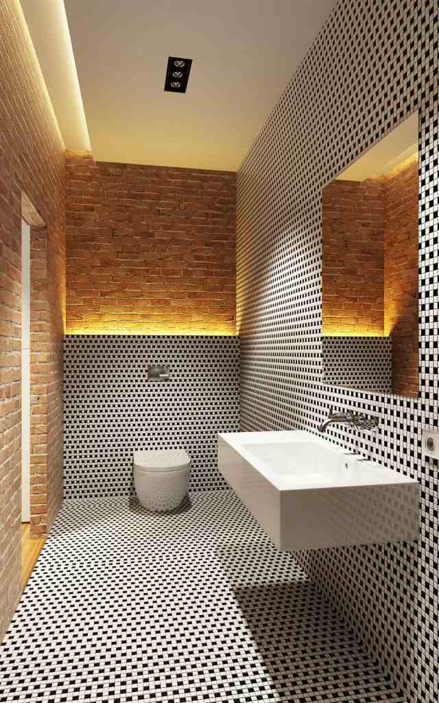 wohnideen-badezimmer-ohne-fenster-schwarz-weisse-mosaik-backsteinwand-indirekte-beleuchtung