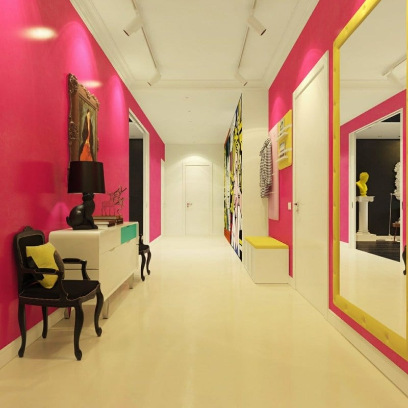 wohnideen für flur pink gelb akzente modern einrichtung garderobe stuhl