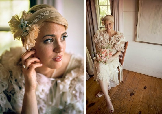 20er-Jahre-Stil-Bekleidung-Hochzeitskleid-mit-Hut-in-Cremefarbe