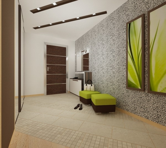 Dekoration-vom-dem-Eingangshalle-grüne-Hocker-Wand-mit-Kiesel-Optik