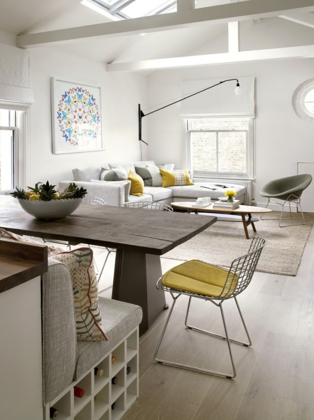 Design-Wohnzimmer-Bilder-Loft-Gestaltung-gelbe-akzente-rustikal-Esstisch