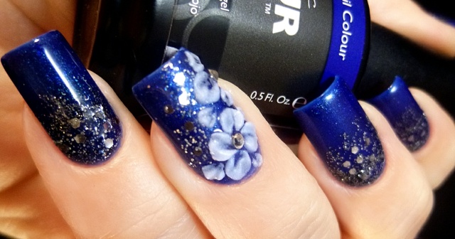 verlängern blau Nagellack Blumen Glitzersteine