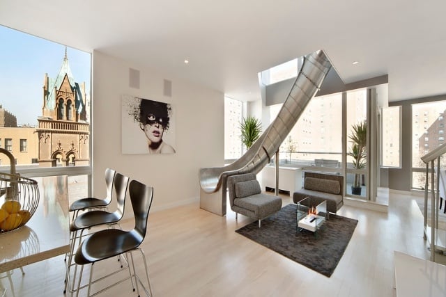 Innendesign-moderne-loft-wohnung-metall-rutsche-kreative-Wohnungsideen