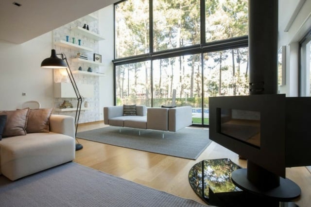 Kamin-graue-Teppiche-Holzboden-und-Wand-aus-Glas-zwei-Stockwerke