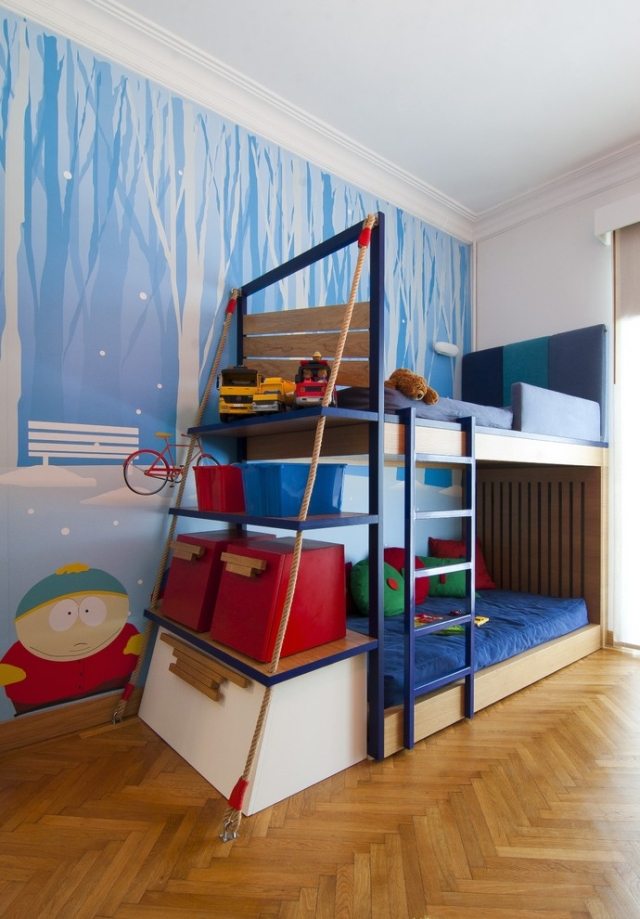 Kinderzimmer-Etagenbett-Staufächer-Tapeten-South-Park-Motiv