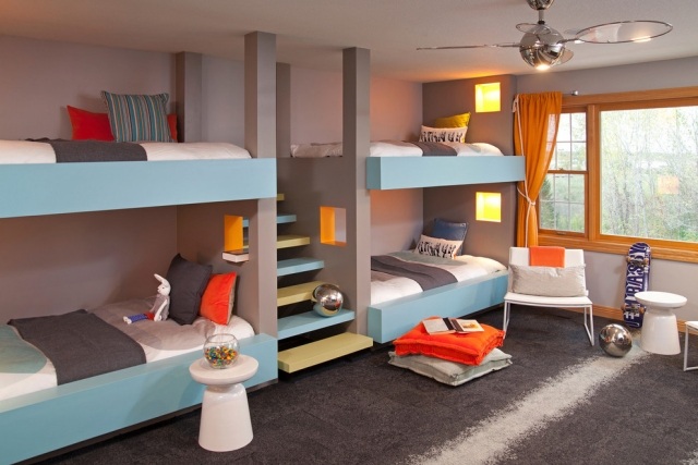 Kinderzimmer-für-Geschwister-Farben-Blau-Grau-Orange-Etagenbetten