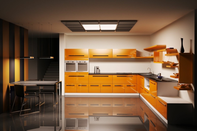 Küche-Hochglanz-Oberfläche-modern-in-Orange